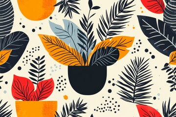 Bold abstract botanical pattern with large colorful leaves in shades of red orange and blue ideal for textile designs wallpapers or modern home decor