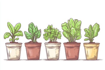 Obraz premium Watercolor illustration of potted plants with varying leaf shapes and textures ideal for botanical themed decor art prints or plant care guides