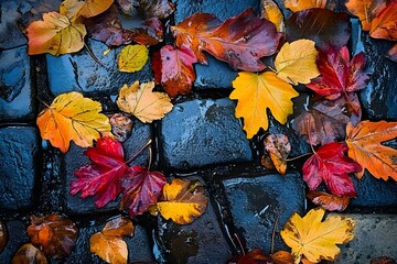 Vibrant Autumn Leaves on Wet Cobblestones