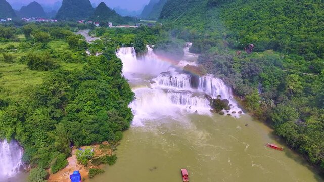 Aerial view of Ban Gioc Detian waterfall in Vietnam China border. The most beautiful and largest waterfall in Southeast Asia.