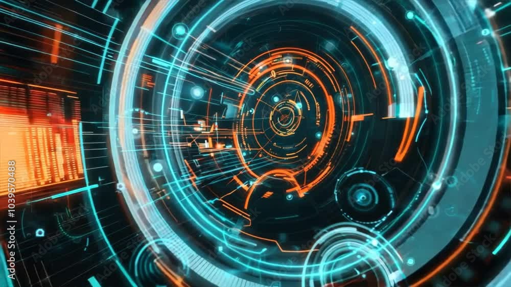 Poster futuristic digital abstract glowing lines and circular patterns in vibrant blue, showcasing technolo