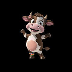 A cute cartoon cow with a flower, smiling happily in a fun, isolated farm setting