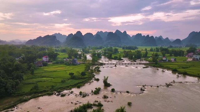 Aerial view of Phong Nam valley, Cao bang province, Vietnam with river, nature, rice fields, beautiful destination in Northern Vietnam