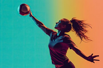 Female athlete in a red shirt, with a ponytail and a volleyball in her hand, poses dramatically against a teal and orange gradient background.