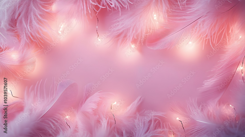 Wall mural A soft pink background adorned with delicate feathers and twinkling lights, creating a dreamy, whimsical atmosphere.