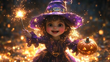 A young witch in a purple hat and dress holds a sparkler and a jack-o-lantern, surrounded by a magical glow.