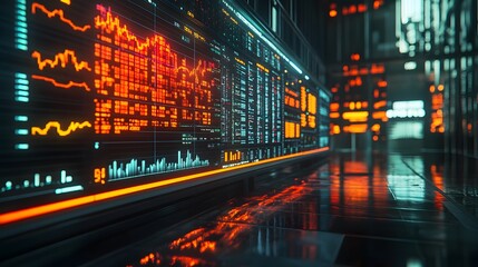 Futuristic Stock Market Data Display with Neon Lights and Reflections on Tiled Floor - Digital Art Concept.