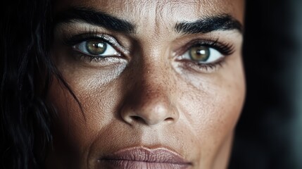  A tight shot of a woman's face with freckled hair and blue eyes gazing intently into the camera