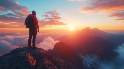 Fototapeta premium A man is standing on a mountain top with a backpack on