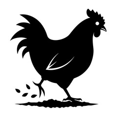 A black and white silhouette of a chicken scratching at the ground, with its feet lifted and body slightly hunched as it digs into the leaves.