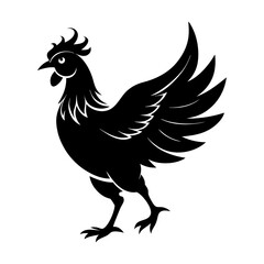 A black and white silhouette of a chicken standing tall, showcasing its proud stance with its chest out and head held high.