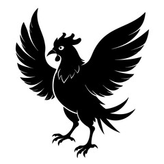 A black and white silhouette of a rooster spreading its wings wide, displaying its vibrant plumage and standing tall with a proud stance.