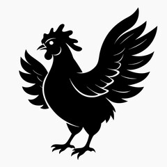 A black and white silhouette of a chicken spreading its wings wide, with an energetic stance and outstretched feathers.
