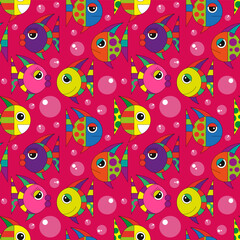 Colorful vector illustration. Geometric abstract with various face expressions fish on bright background. Seamless pattern.