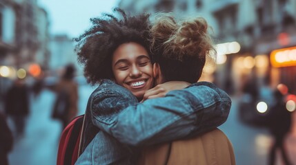 Two young people hugging each other while walking down the street