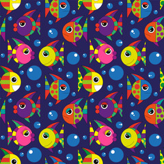 Colorful vector illustration. Bright geometric abstract with various face expressions fish on blue background. Seamless pattern.