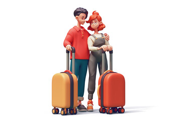 Сute kawaii young asian married couple goes on summer vacation to travel abroad. Two people in colorful fashion casual red blue gray clothes, orange yellow suitcases. 3d render isolated white backdrop