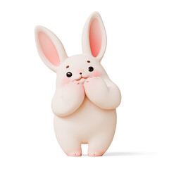 Simple fat cute kawaii fluffy Easter bunny with eyebrows, pink ears, cheeks, soft paws standing in shy pose touching chin with hands with happy facial expression. 3d render isolated white backdrop.