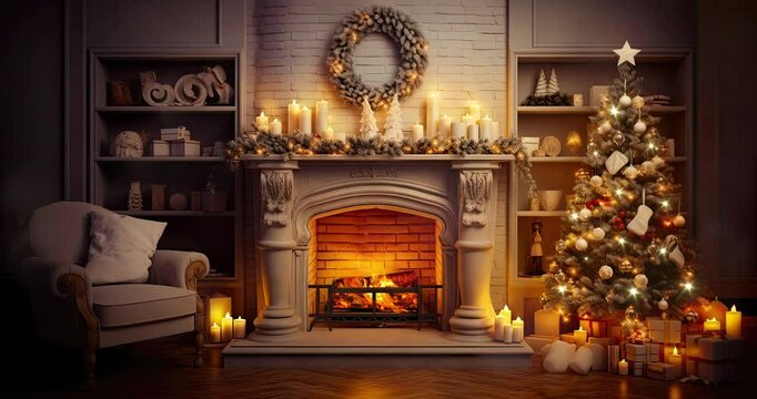 Christmas time home scene with decorated tree and fireplace. Winter seasonal 4K loop animation for advertisement.