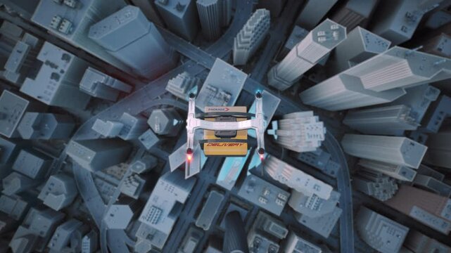 Autnomous AI Delivery UAV Drone Flying Over Busy Urban City Downtown Area Virtual Scanning Buildings Avoiding Collision Delivering Shipment Future Shpping Technology Concept
