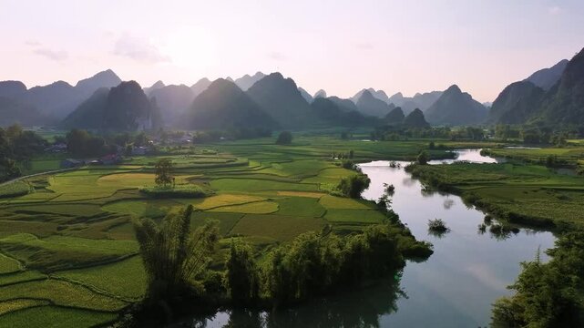 Aerial view of Phong Nam valley, Cao bang province, Vietnam with river, nature, rice fields, beautiful destination in Northern Vietnam
