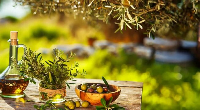 breiter Holztisch rustikal mit Oliven, gr&uuml;nen Kr&auml;utern und einer Oliven &Ouml;lflasche vor einer mediterranen Landschaft mit Olivenb&auml;umen im warmen Sommer Sonnenlicht wie in Italien Spanien Frankreich 