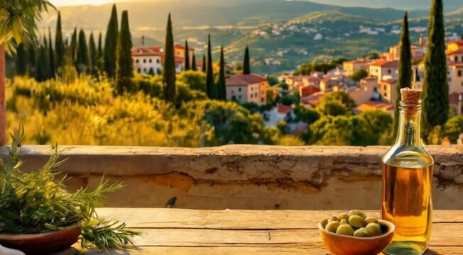breiter Holztisch rustikal mit Oliven, gr&uuml;nen Kr&auml;utern und einer Oliven &Ouml;lflasche vor einer mediterranen Landschaft mit Olivenb&auml;umen im warmen Sommer Sonnenlicht wie in Italien Spanien Frankreich 