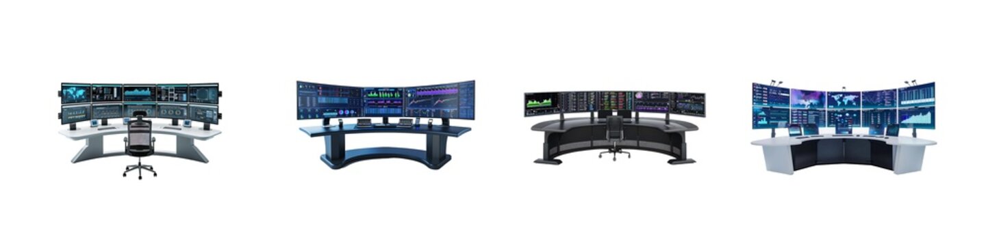 Set of control room Console Desk with multiple monitors displaying 