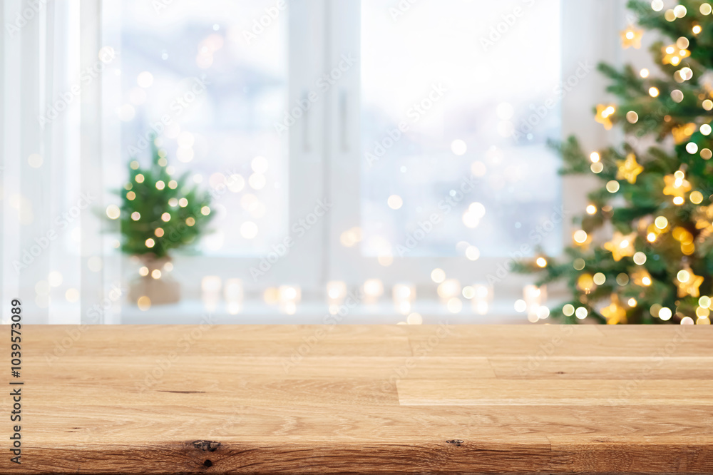 Canvas Prints wooden table for display products with blurred christmas tree and window interior background