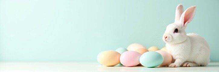 Obraz premium Charming Minimalistic Easter Composition with Pastel Eggs and White Rabbit