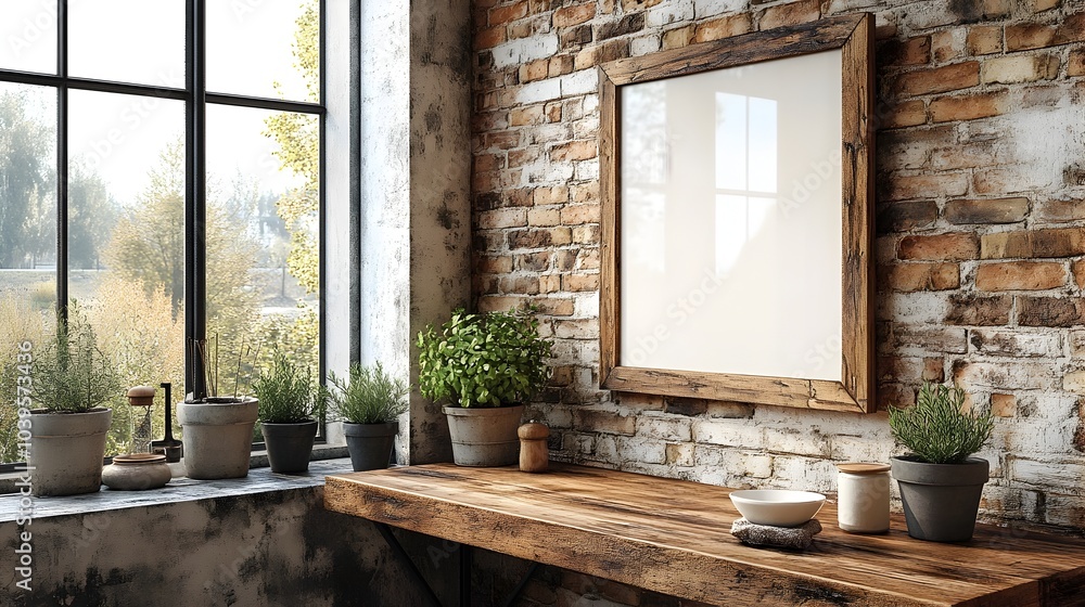 Poster rustic whitewashed wooden frame mockup displayed in a cozy farmhouse-style kitchen. the frame is set