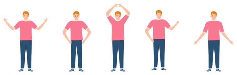 Vector illustration of a young man in various poses, wearing a pink shirt and blue pants, smiling.