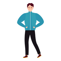 Vector illustration of a man in a blue jacket and black pants, standing with hands in pockets, smiling confidently.