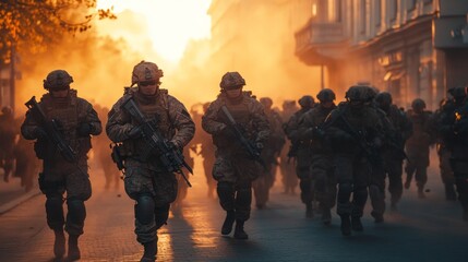 A group of soldiers are marching down a street