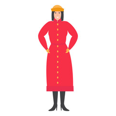 Vector illustration of a woman in a long red coat with gold buttons and a yellow hat, smiling confidently.