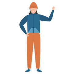 Vector illustration of a woman in a blue vest and orange pants, smiling and waving with one hand raised.
