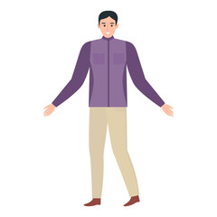 Vector illustration of a man in a purple jacket and beige pants, standing with open arms, smiling warmly.