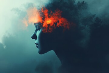 A silhouette of a woman with fiery clouds inside the head, symbolizing passion, creativity, and intense emotions in a surreal, dreamlike atmosphere.