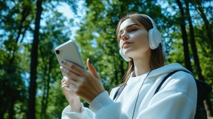 woman keep her phone and watch videos in city park, headphones