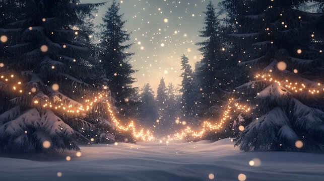 A serene snowy forest illuminated by warm lights, creating a magical winter scene with gently falling snow under a twilight sky.