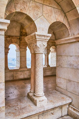 The scenic carved stone pillars of Gallery in Fisherman's Bastion, Budapest, Hungary