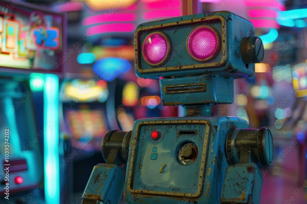 Poster old robot with glowing eyes standing in an arcade filled with colorful lights