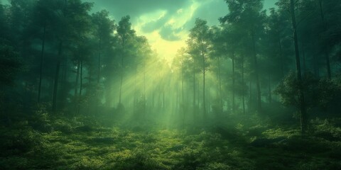 Obraz premium Deep forest trees and sunlight banner.