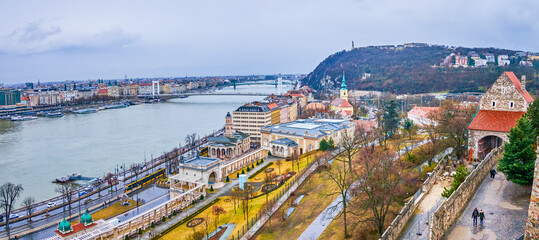 Panorama of Castle Garden Bazaar and Danube River, Budapest, Hungary