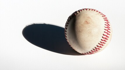 Baseball with red stitching casting a shadow, isolated on white background