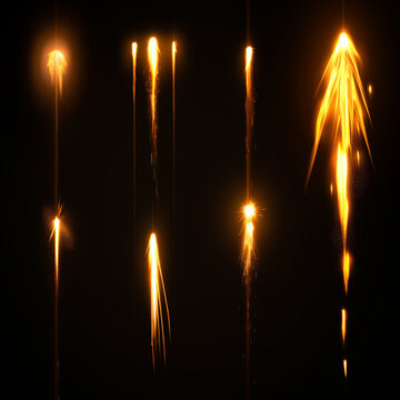 Bright, fiery trails against a black background.  Set of   muzzle flashes or tracer fire.