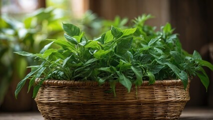 Naklejka premium Lush Green Plant in Woven Basket - High Depth of Field