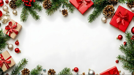 Christmas and New Year holiday background. Xmas greeting card. Christmas gifts on white background top view. Noel. Flat lay