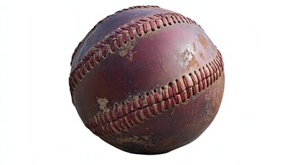 Baseball with slightly worn leather, red stitches highlighted, isolated on white background