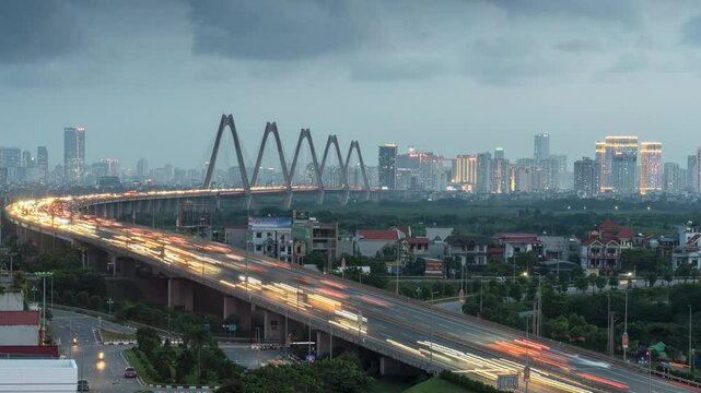 Hanoi skyline at twilight at Vo Chi Cong street, leading to Nhat Tan cable stayed bridge, Dong Anh district.Travel and landscape concept